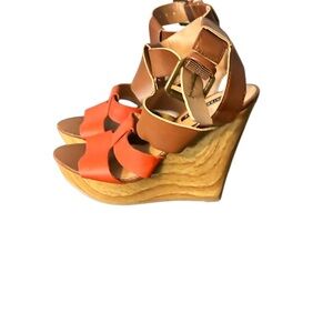 Parker&sky Orange and Brown Wedge Shoes with Wooden Sole